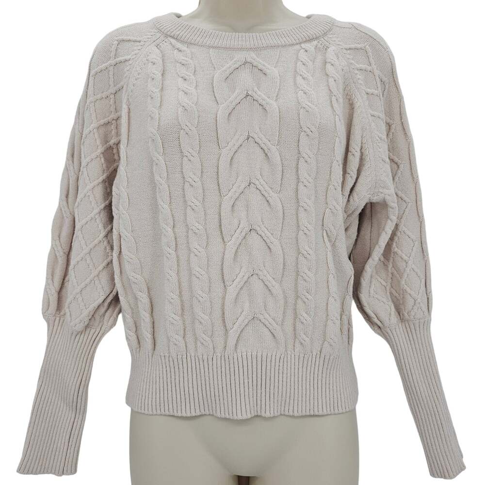 Tahari Womans size M Cable Knit Long Sleeve Cropped Crewneck Sweater Cream